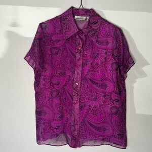 100% Silk Purple Paisley Button Up TShirt with pink camisole underneath​